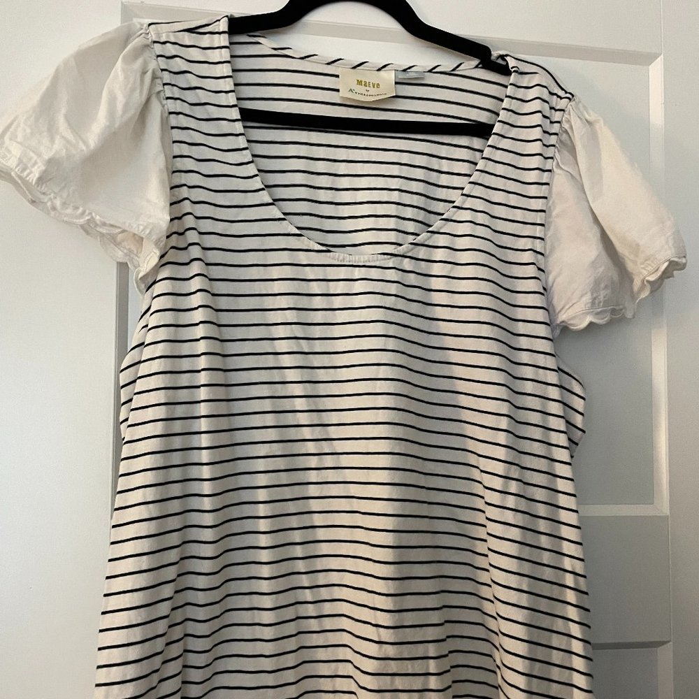 Anthropologie White and Black Striped Short Sleeve Tee with Puff Sleeves
